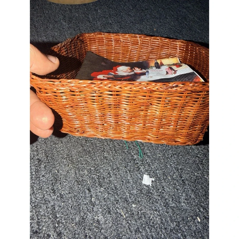 Vintage Wicker Napkin Basket Holder with Santa Claus Christmas Napkins Brown